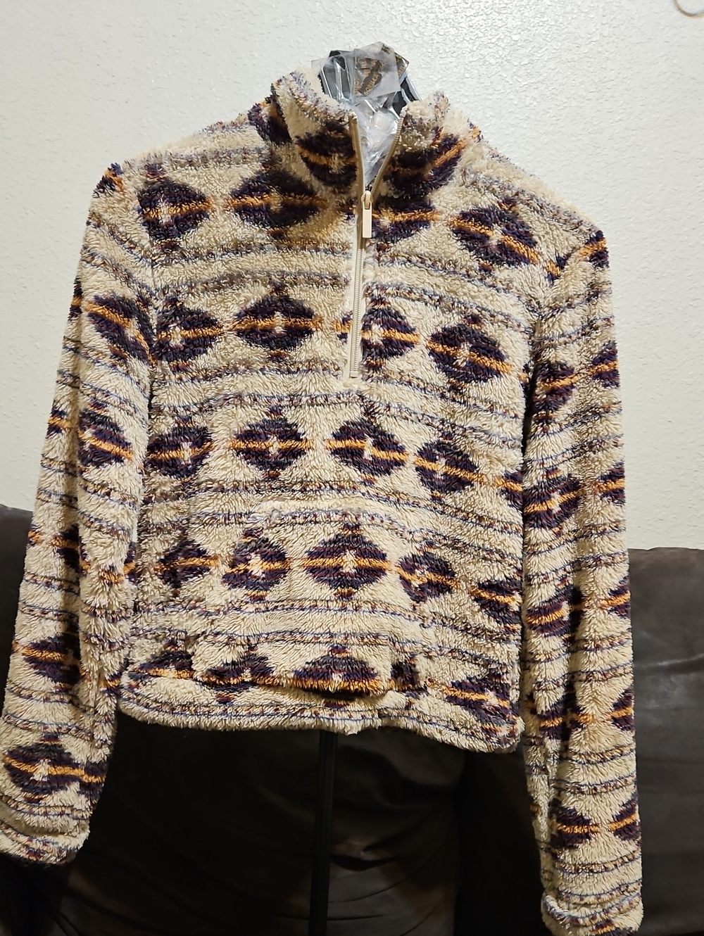 Men's Beige Patterned Sherpa Half-Zip Sweater
